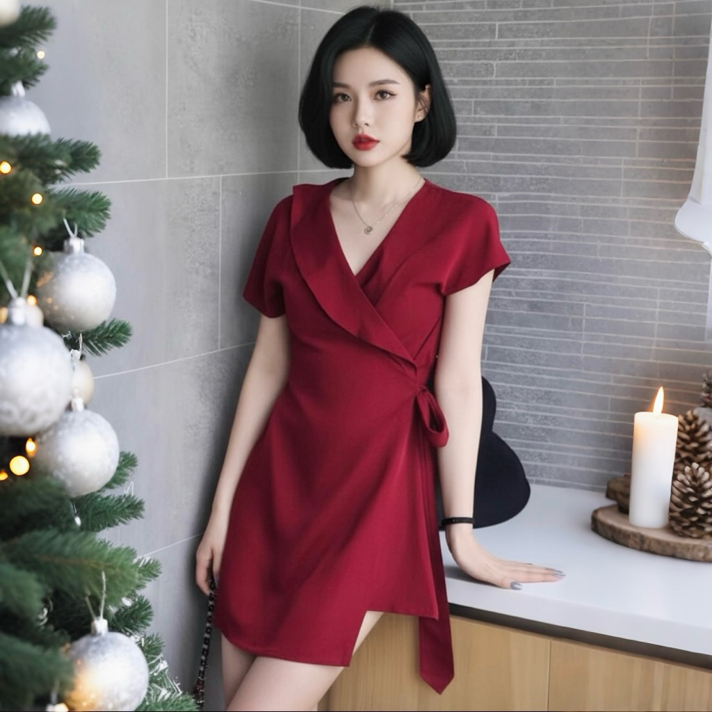 Đầm đỏ đắp tà cột eo, váy noel, váy dạo phố (kèm hình thật)