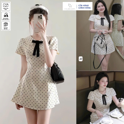 Váy chấm bi DHstudio cổ sen đính nơ họa tiết chiết eo nhẹ nhàng dáng xòe đi chơi du lịch dự tiệc tiêu thư sang trọng