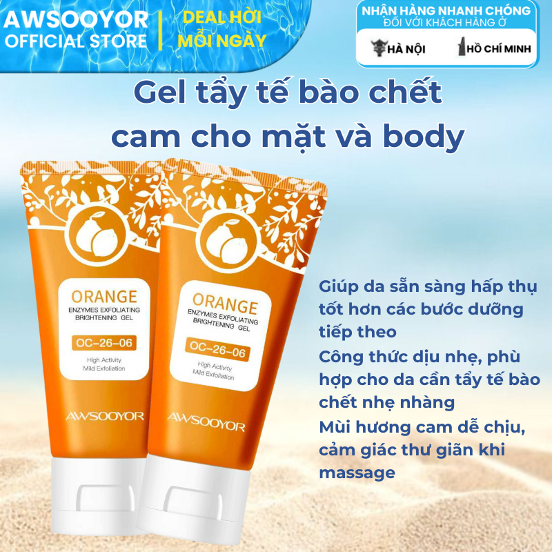 AWSOOYOR gel tẩy tế bào chết cho mặt và cơ thể enzyme cam 50g làm sạch sâu lỗ chân lông, kiểm soát dầu, da không bị khô