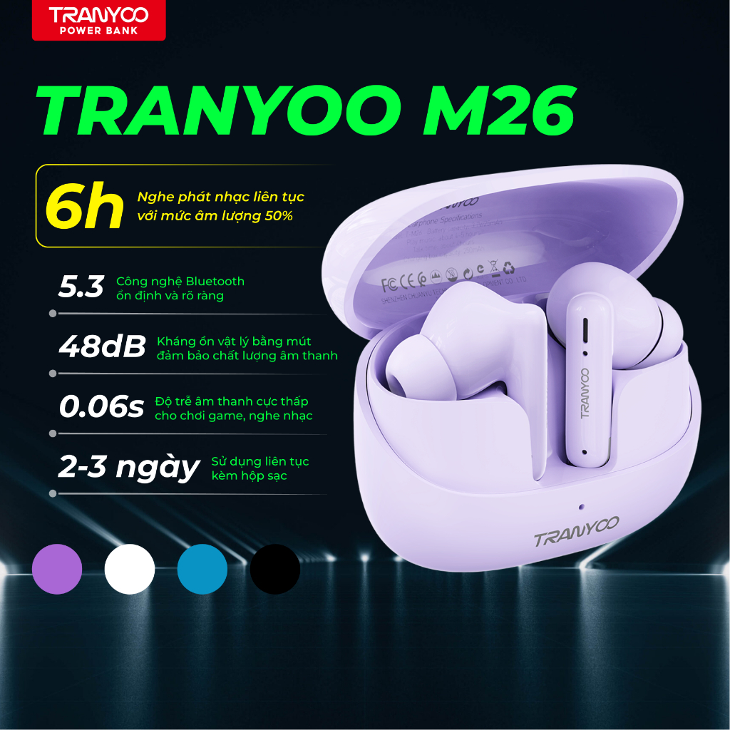 TRANYOO Tai Nghe Bluetooth 5.3 T-M26 Chất Âm To, Bass Chắc Fit Tai Thích Hợp Nghe Nhạc Chơi Game