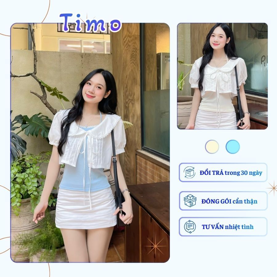 Set 2 áo croptop tay phồng phối áo thun cột dây viền ren ulzzang nữ tính Hàn Quốc AOT052