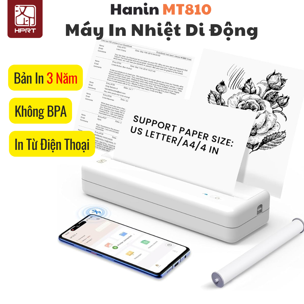 Máy in di động HPRT MT810, Khổ A4 In Nhiệt BẢN IN 3 NĂM Bluetooth 5.0 Pin 2000 mAh In Từ Điện Thoại