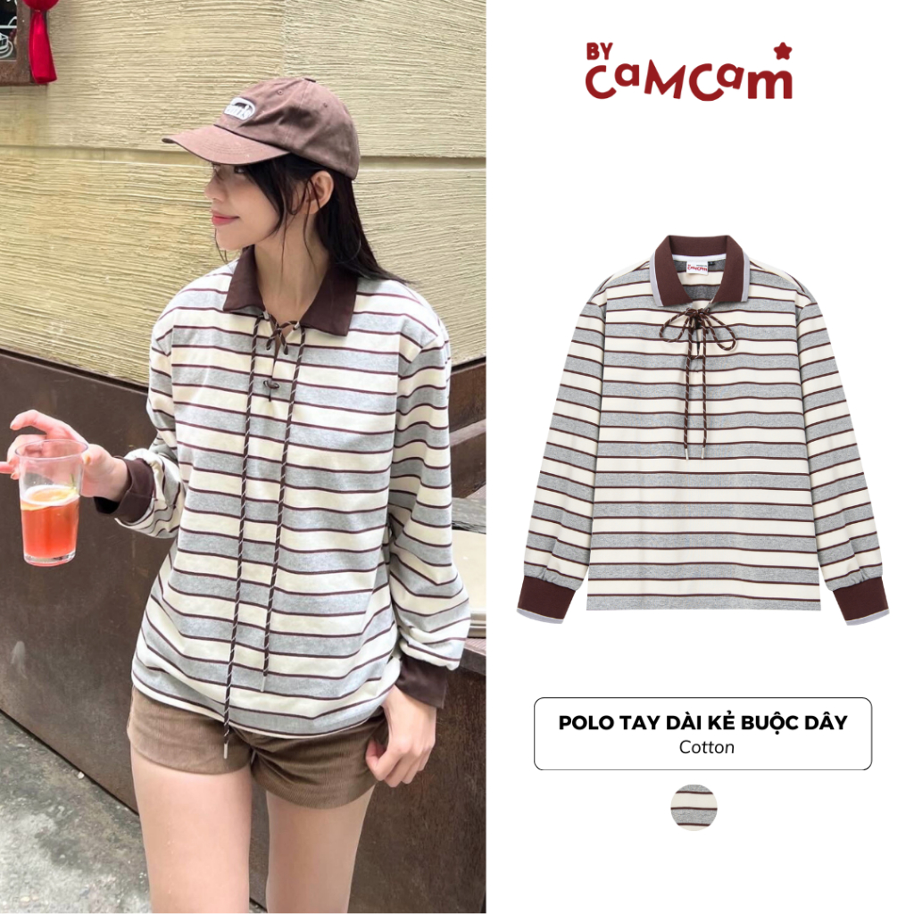Áo Polo Dài Tay Kẻ Buộc Dây 𝑩𝒚𝒄𝒂𝒎𝒄𝒂𝒎 Áo Thun Kẻ Oversize Cổ V Cổ Điển Preppy Học Đường APD389