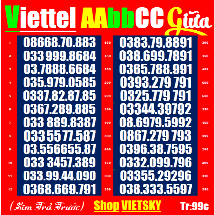 SIM VIETTEL AAbbCC giữa, T99abc, Dễ Nhớ, Sim trả trước, chưa đăng kí, chưa kích hoạt | Sim viettel