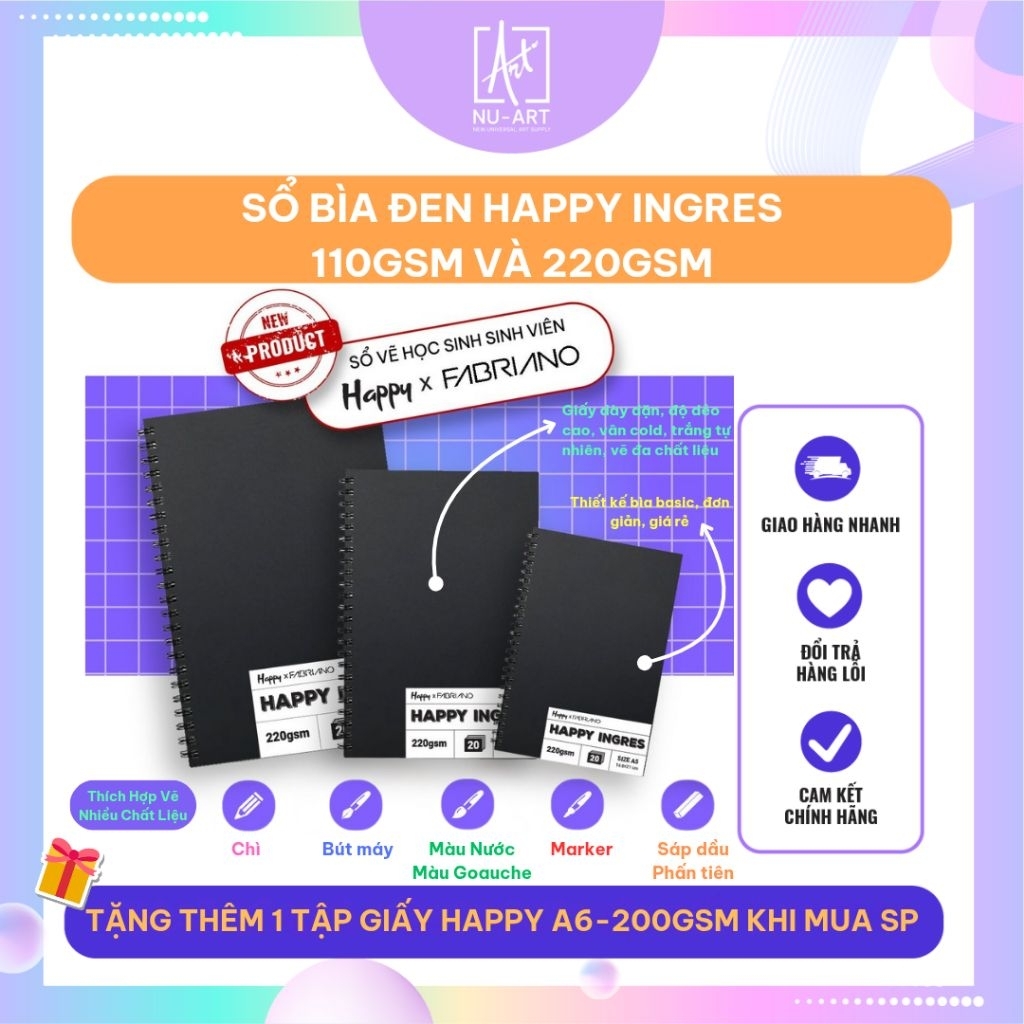 Sổ Vẽ Lò Xo Bìa Đen Happy Ingres 110/220gsm Vân Cold 20 Tờ Giá Tốt, Thích Hợp Cho Học Sinh Sinh Viên