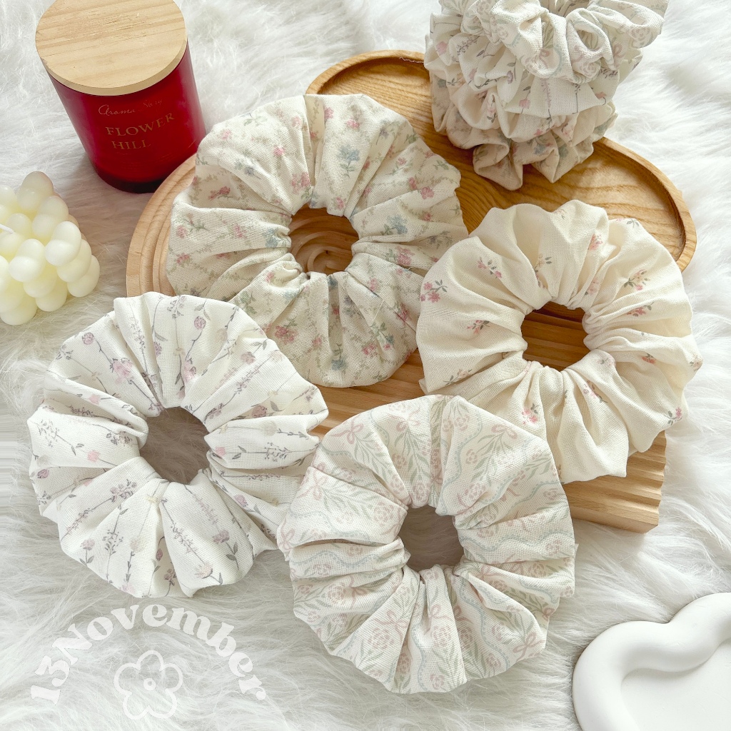 [SIÊU TO] Scrunchies Set Cột Tóc Vải Linen Hoạ Tiết Hoa Nhí Vintage Size Lớn Phồng To Hot Trend