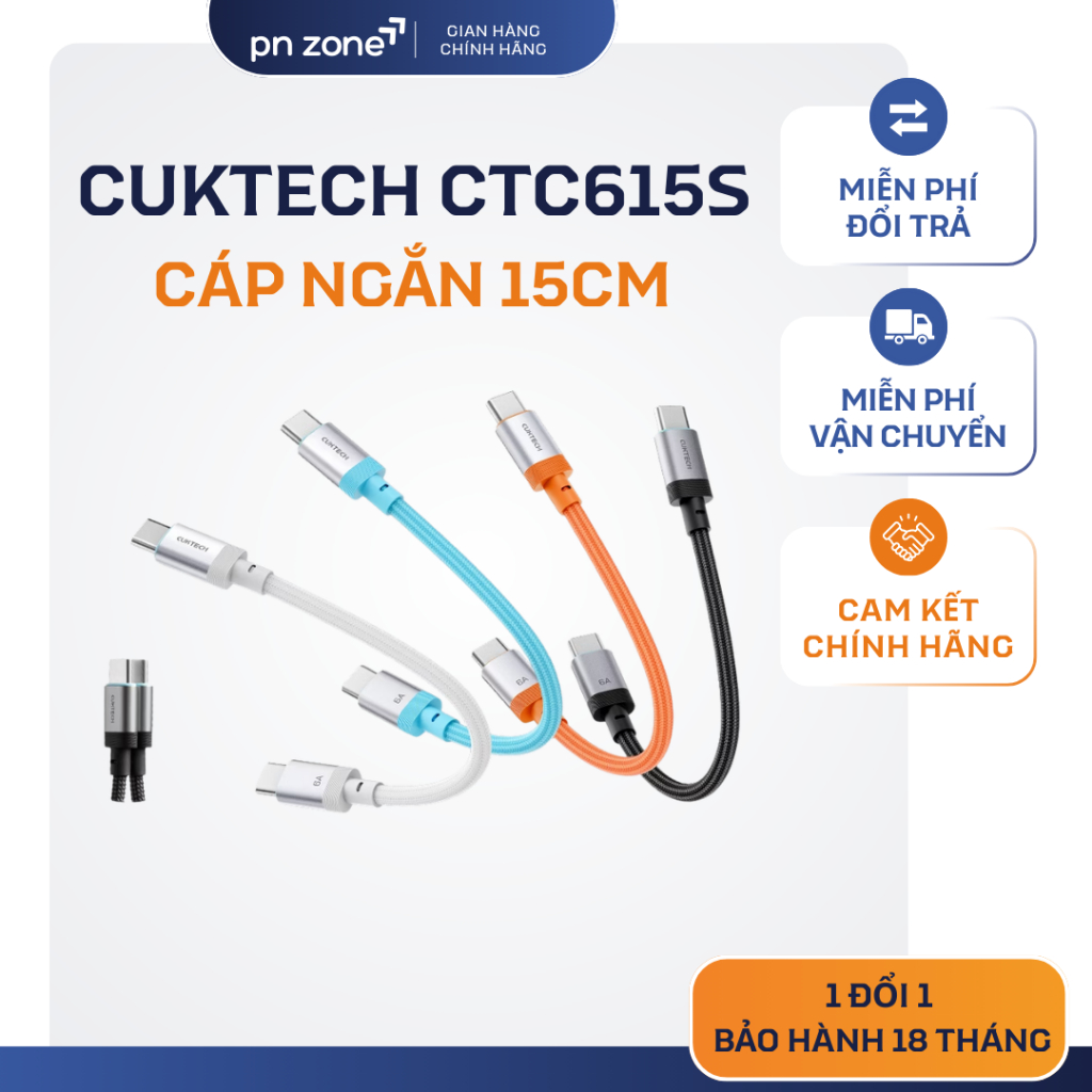 Cáp Nhanh Cuktech C to C 15cm 6A 240W - Hiệu Năng Cao, Bảo Hành 18 Tháng.