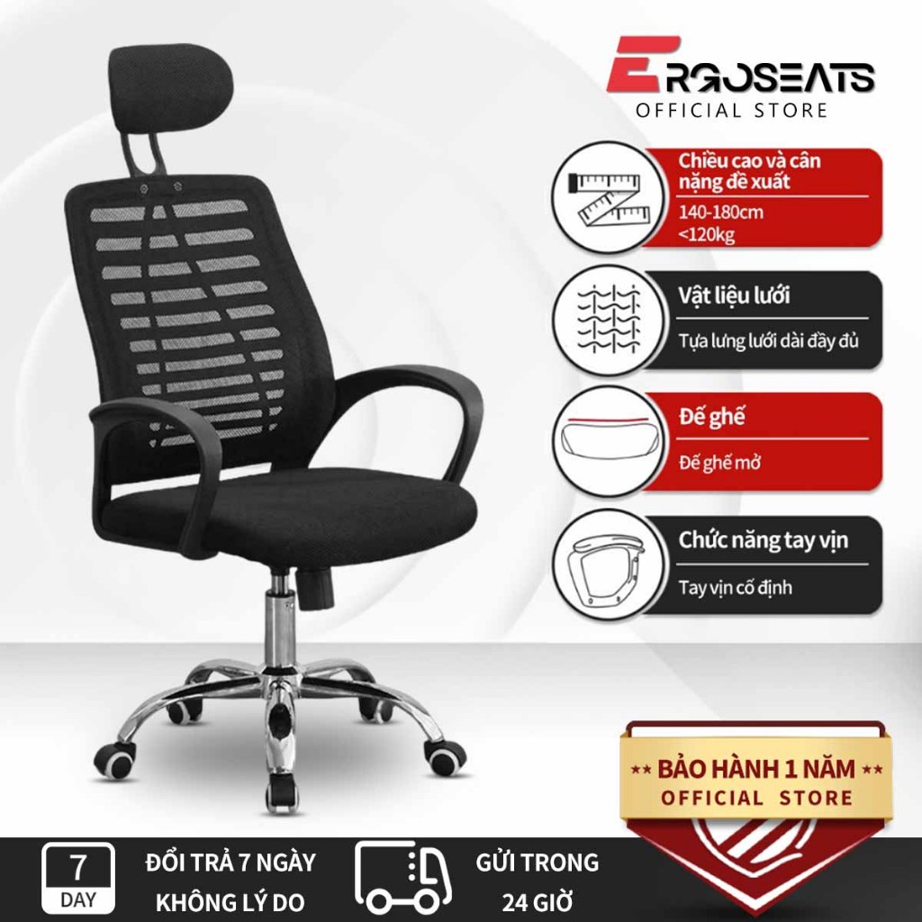 Ghế Xoay Văn Phòng Tựa Đầu, Ghế Văn Phòng Chân Xoay Lưng xương cá, ngả lưng gật gù, thư giãn êm ái -