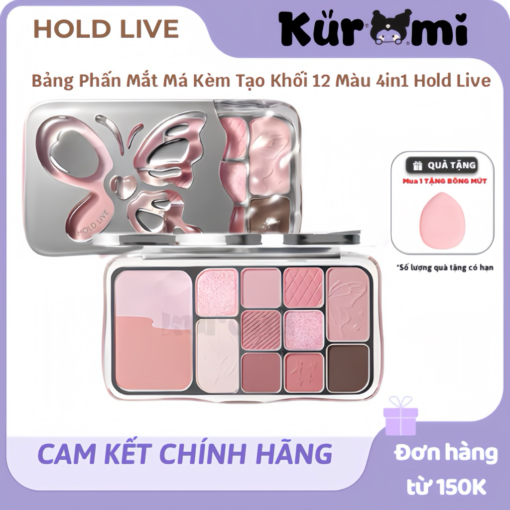 (TẶNG CỌ) HOLD LIVE Bảng Phấn Mắt Má Kèm Tạo Khối 12 Màu 4in1 Hold Live Mist Butterfly Shadow Hồng Lạnh HL792 Kuromi