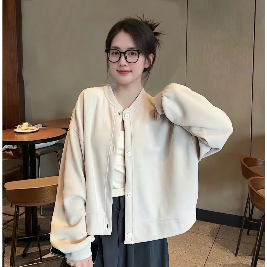 Áo Khoác Nỉ Cardigan Nữ Basic Cài Cúc form Boxy ,Áo Khoác Bomber Nhẹ Mùa Thu Đông Vải 2 Da Kiểu Dáng Tiểu Thư
