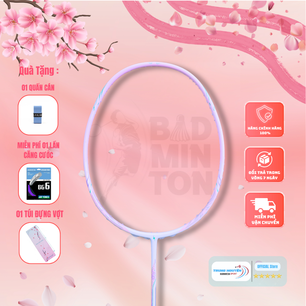 Vợt Cầu Lông Lightning Hoa Anh Đào Chính Hãng Căng Sẵn 11Kg Tặng 1 Quấn Cán +1 Túi Đựng Bh 3T Sport