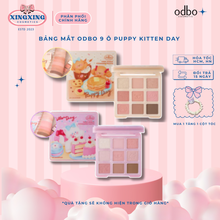 [HỎA TỐC]ODBO Bảng Phấn Mắt 9 Ô Odbo Kitten Day & Puppy Day Mèo & Cún Con Tặng Kèm Kẹp Tóc 9g XINGXINGCOSMETICS