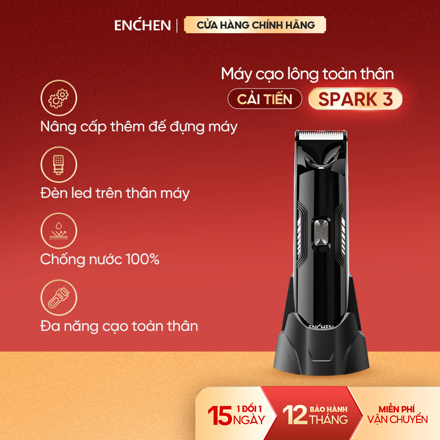 Máy Cạo Lông Toàn Thân Enchen Spark 3 - Cạo Lông Vùng Kín, Chân, Nách Cho Nam & Nữ - Chống Nước, Đèn Led, An Toàn
