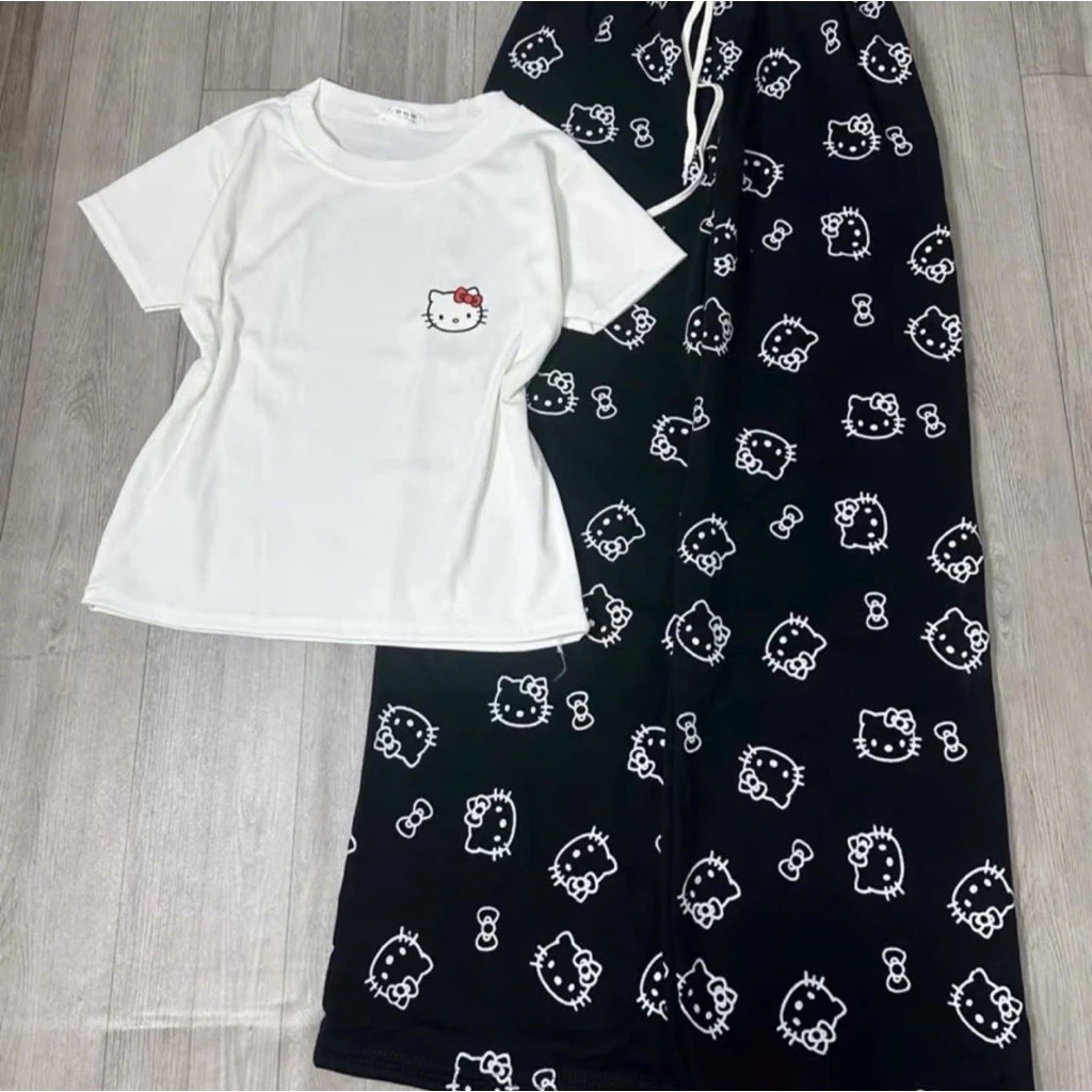 Set Bộ Nữ Áo Babytee Mèo Kitty Phối Quần Dài Ống Suông In Họa Tiết Kitty Dễ Thương Hot Trend 2026