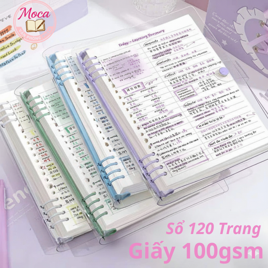 Sổ Còng Thay Giấy A5 B5 8 Còng Nhựa, Bìa Trong Suốt Gáy Khuyết Không Vướng Tay, Giấy Kẻ 120 Trang