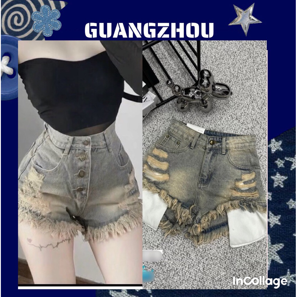 Quần short tua rua lai bụi 4 nút, đen, xanh, trắng