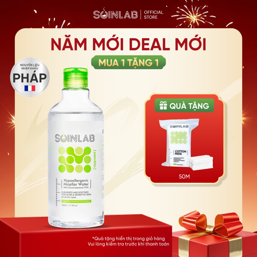 |MUA 1 TẶNG 1| Nước tẩy trang SOINLAB 500ml làm sạch dịu da Hypoallergenic Micellar Water With Gluconolactone PHA SOIN01