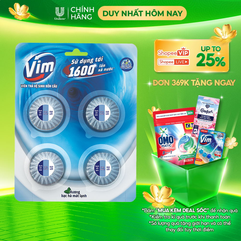 Viên Thả Vệ Sinh Bồn Cầu Vim| Sạch Khuẩn, Sáng Bóng đến 1600 Lần Xả (4x45g/vỉ)