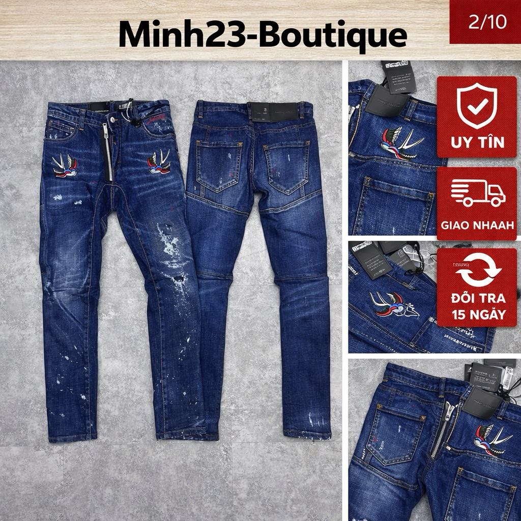 Quần Jean Nam Mã D2-14 Mẫu Thêu Chim Én Was Rách, Vảy Sơn, Khoá Lệch From Biker Thể Thao Cao Cấp, From Ống Ôm Chân DSQ