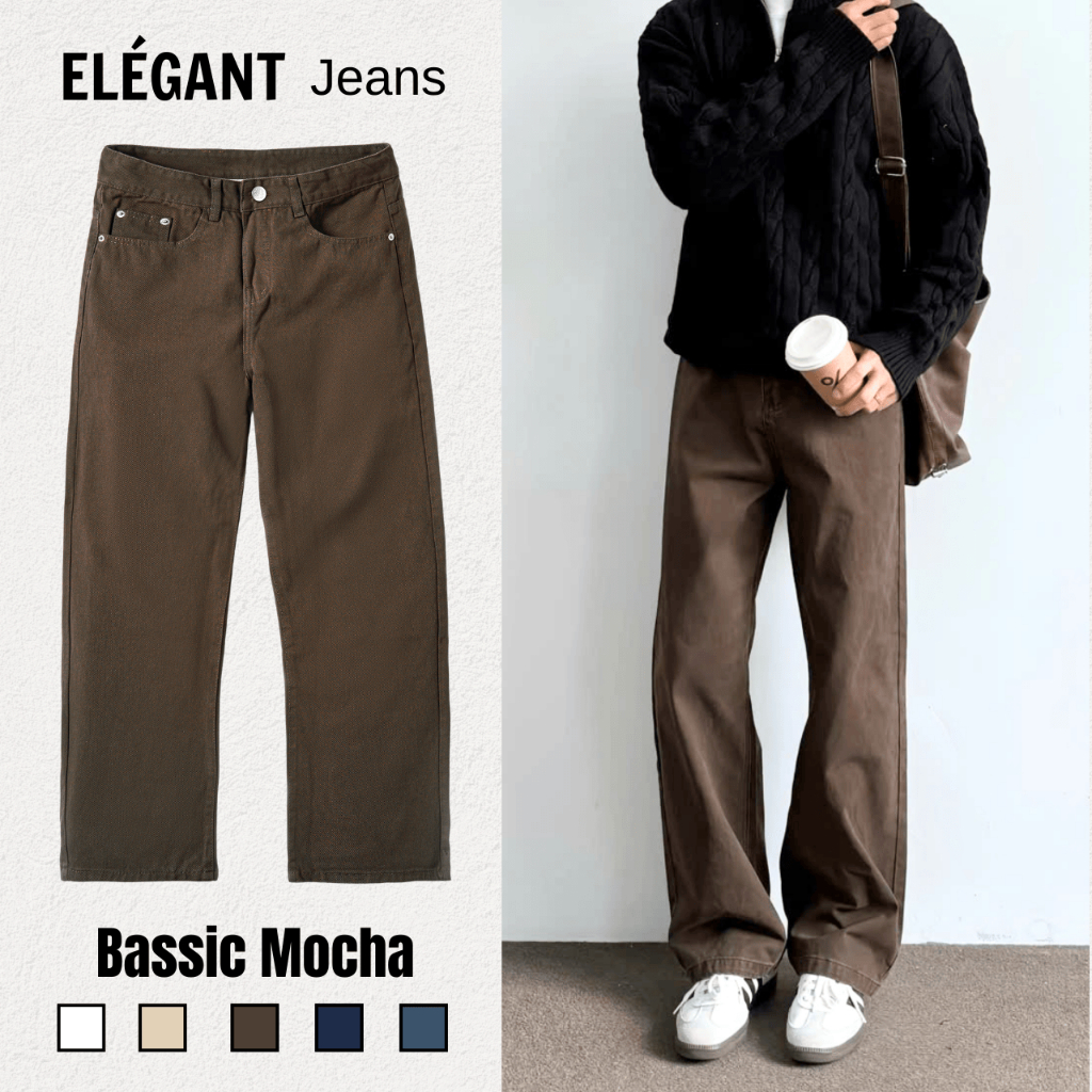 Quần Jean Kaki Nam Ống Suông Đứng Màu Nâu Mocha ELEGANT, Quần Bò Nam Nữ Form Suông Rộng Có BigSize