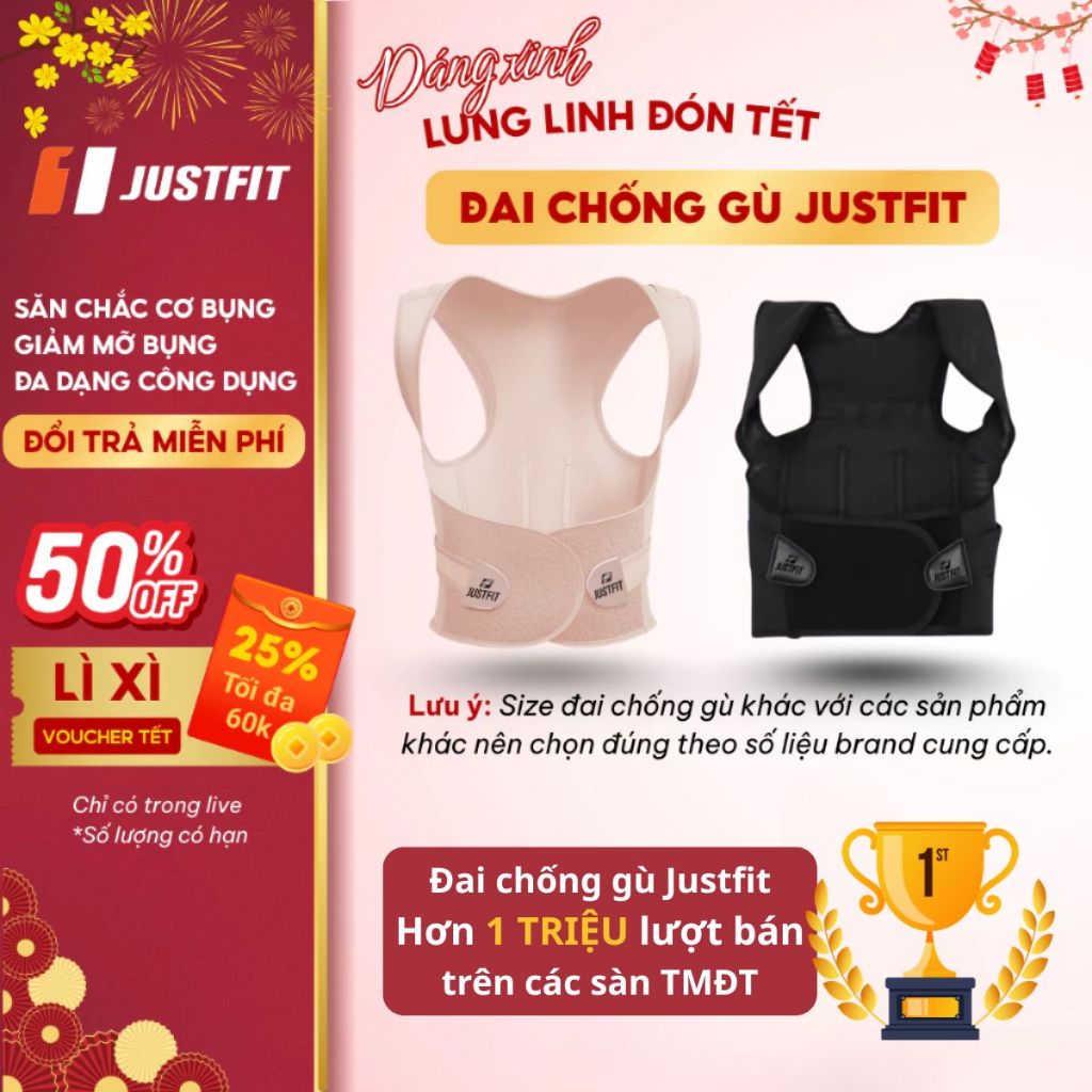 Đai chống gù lưng JUSTFIT, hỗ trợ định hình, cải thiện vóc dáng, có nẹp hỗ trợ thẳng lưng điều chỉnh dáng đi cơ thể