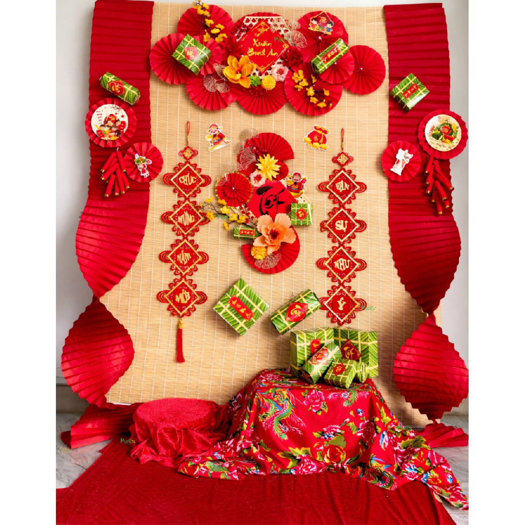 Set Decor trang trí tết 2026 Mành treo Trang Trí Ngày Tết Set phụ kiện Trang Trí Tết 2026 (KHÔNG KÈM MÀNH TRE NỀN)