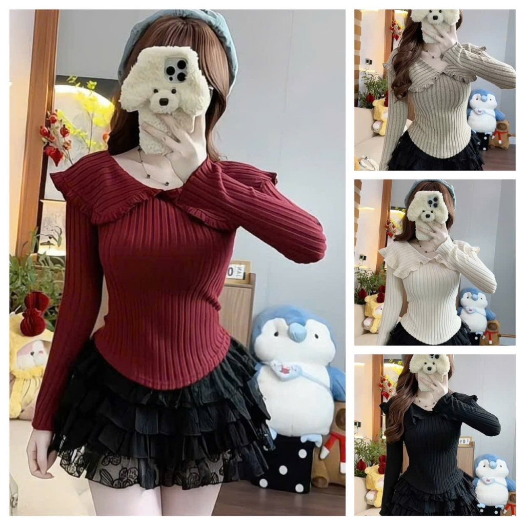 BGV-Áo cổ V bèo lá cổ - Chất Liệu Vải len đũa Nhún Eo Phù Hợp Mọi Hoàn Cảnh Đi Chơi Đi Học Đi Làm phong cách nhẹ nhàng t