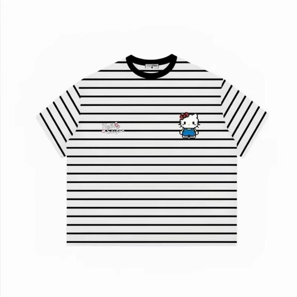 Hello Kitty Áo Thun Sọc Đen Trắng In Hình Hello Kitty Phong Cách Thời Trang Hiện Đại - Habo Cộc Tay