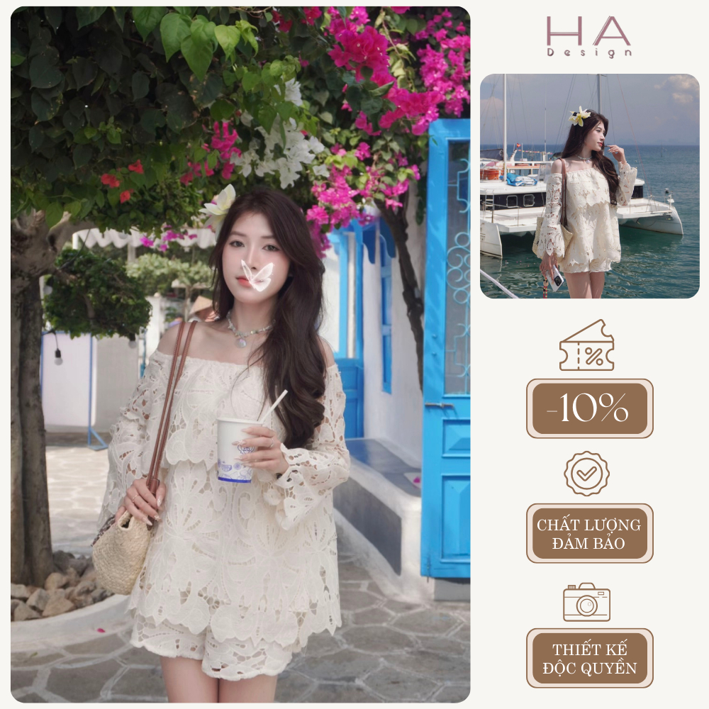 Set áo trễ vai ren hoa kèm quần đùi, set ren nữ đi biển tiểu thư sang chảnh điệu đà đi biển đi chơi_HA80