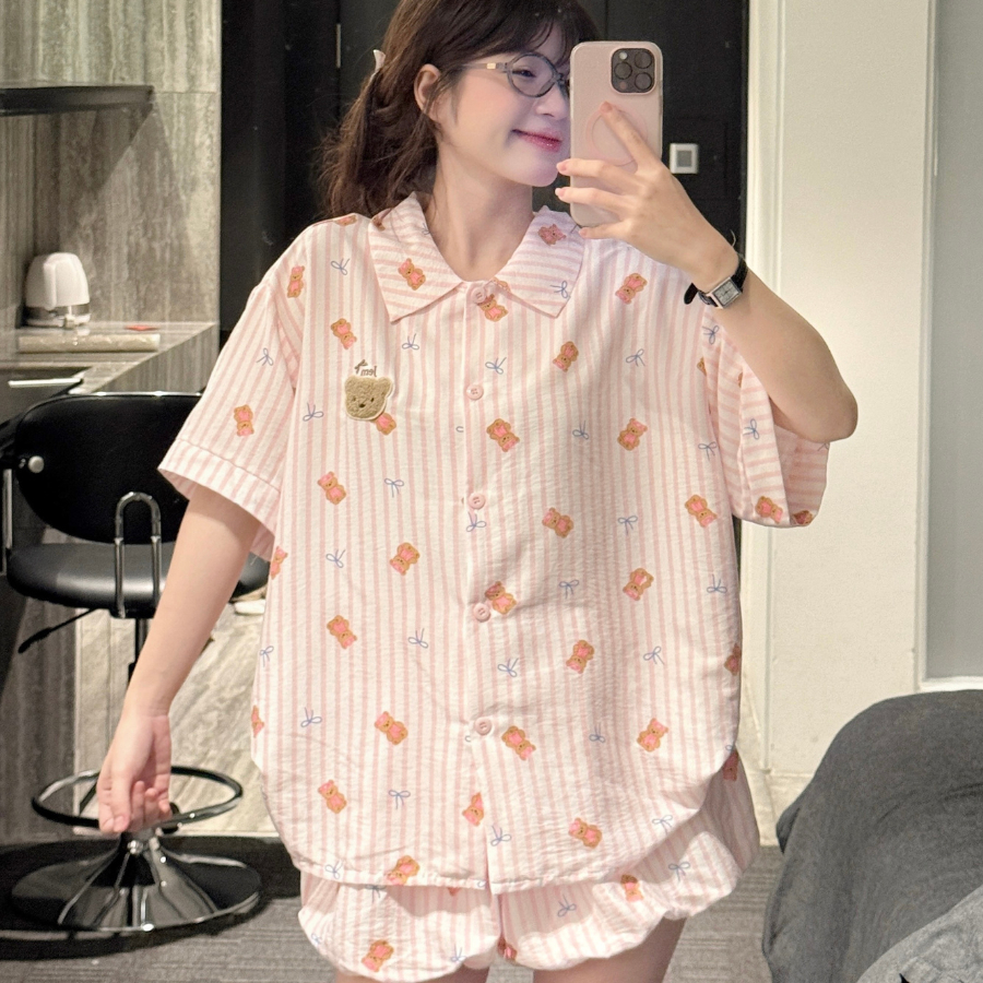 SET BỘ NGẮN FORM QUẦN BÍ HOẠ TIẾT SỌC NƠ GẤU CHẤT ĐŨI SỌC HÀN MỊN 100% COTTON FORM RỘNG - LOEN - 8226 - JEMCLOSET