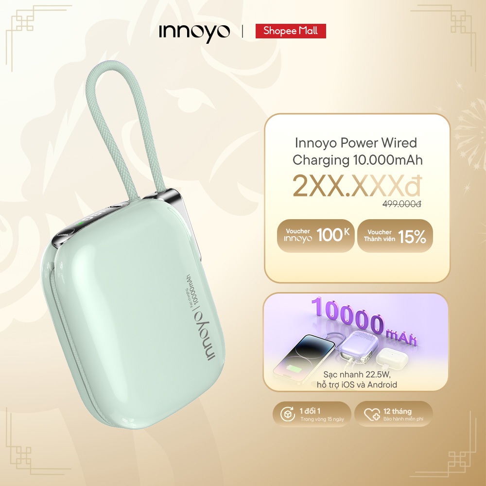 Sạc dự phòng có dây INNOYO Nhẹ 170gr 3 trong 1 22.5W 10000 mAh Đa Thiết bị | Bảo Hành 12 Tháng