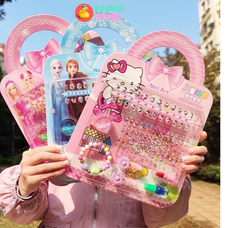 Dán móng tay giả trẻ em có gắn keo và tấm sticker dán móng hình công chúa cho bé, Quà tặng cho bé gái