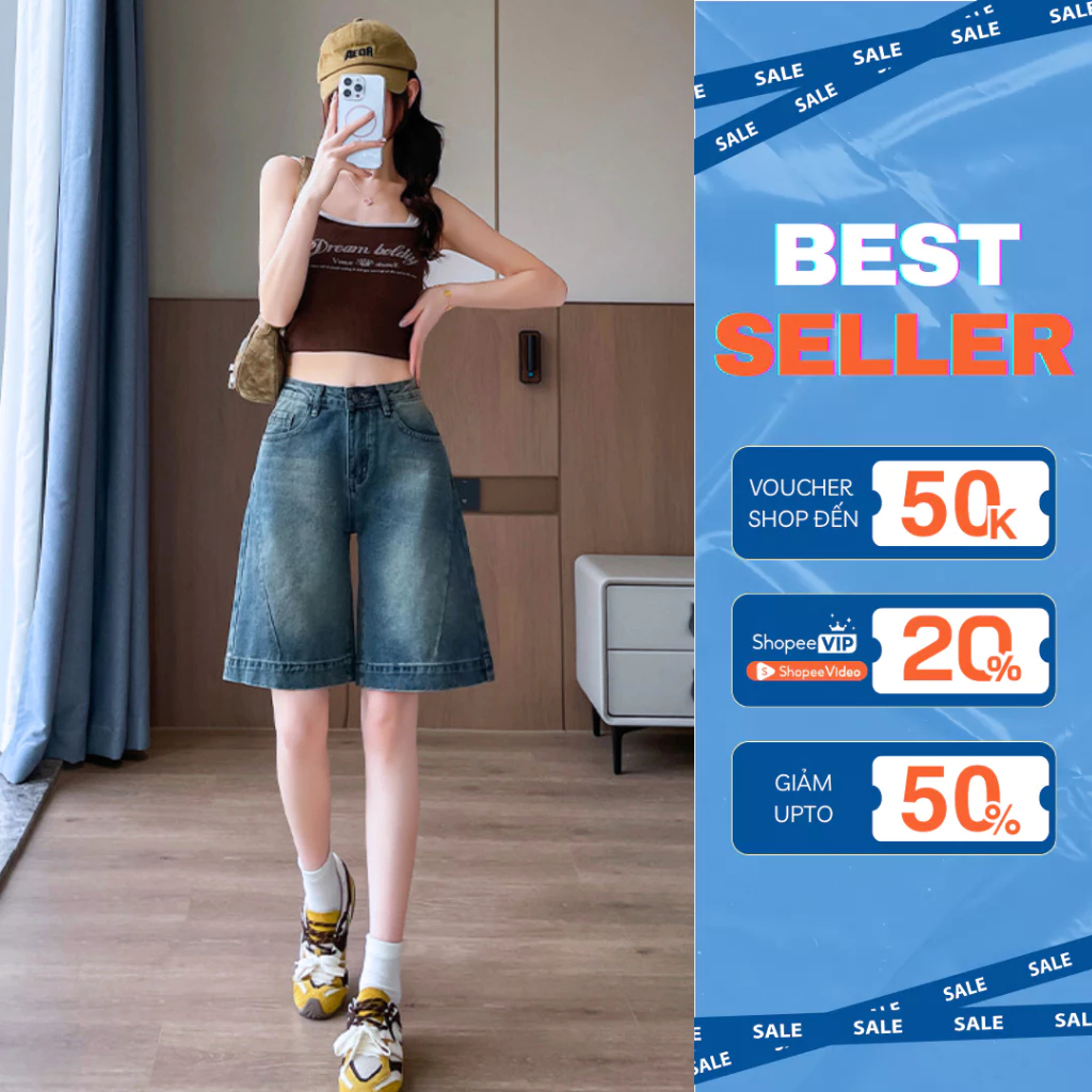 Quần jean ngố nữ form rộng, quần đùi ống rộng cạp cao JELLY - baggy jeans short nam nữ