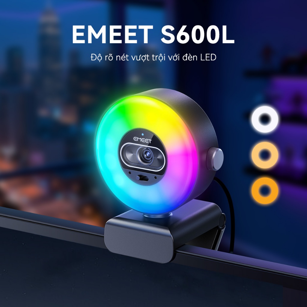[EMEET]Webcam S600L, tích hợp đèn vòng tròn, 3 chế độ màu, hiệu ứng ánh sáng RGB, lấy nét tự động trong 0,2 giây, cảm biến 1/2 inch, hai micro, và công nghệ hình ảnh AI.Phù hợp cho văn phòng tại nhà, lớp học trực tuyến, phát trực tiếp