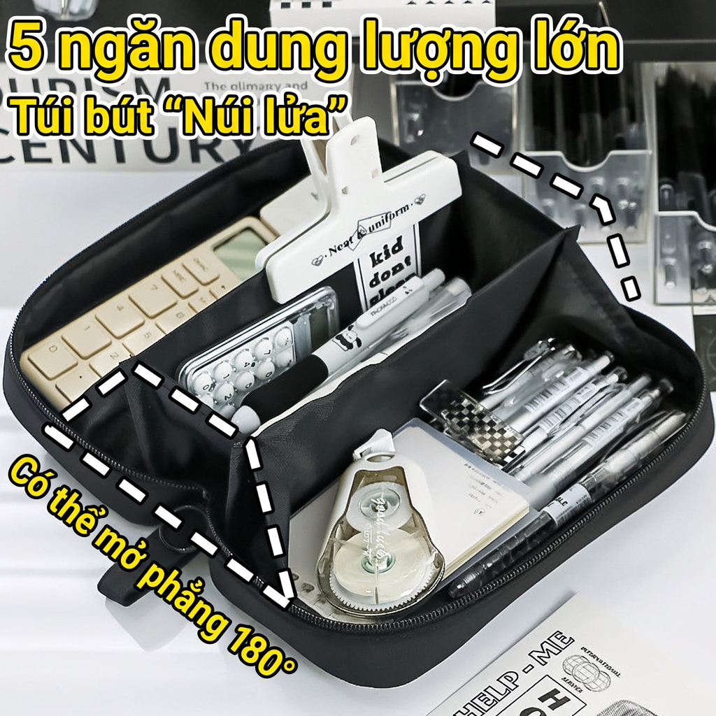 Hộp đựng bút chì 5 lớp dung tích lớn có túi phía trước trong suốt, Túi sắp xếp văn phòng phẩm, 180° Thiết kế Lay-Flat