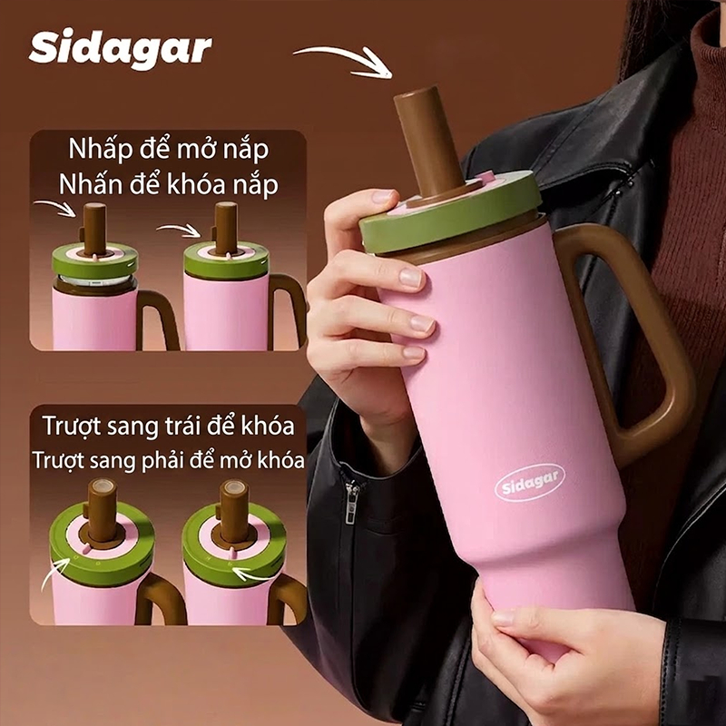 Sidagar 1100ML Cốc sứ bên trong,Mở nắp bằng một tay，Giữ lạnh trong thời gian dài，Dễ mang theo。