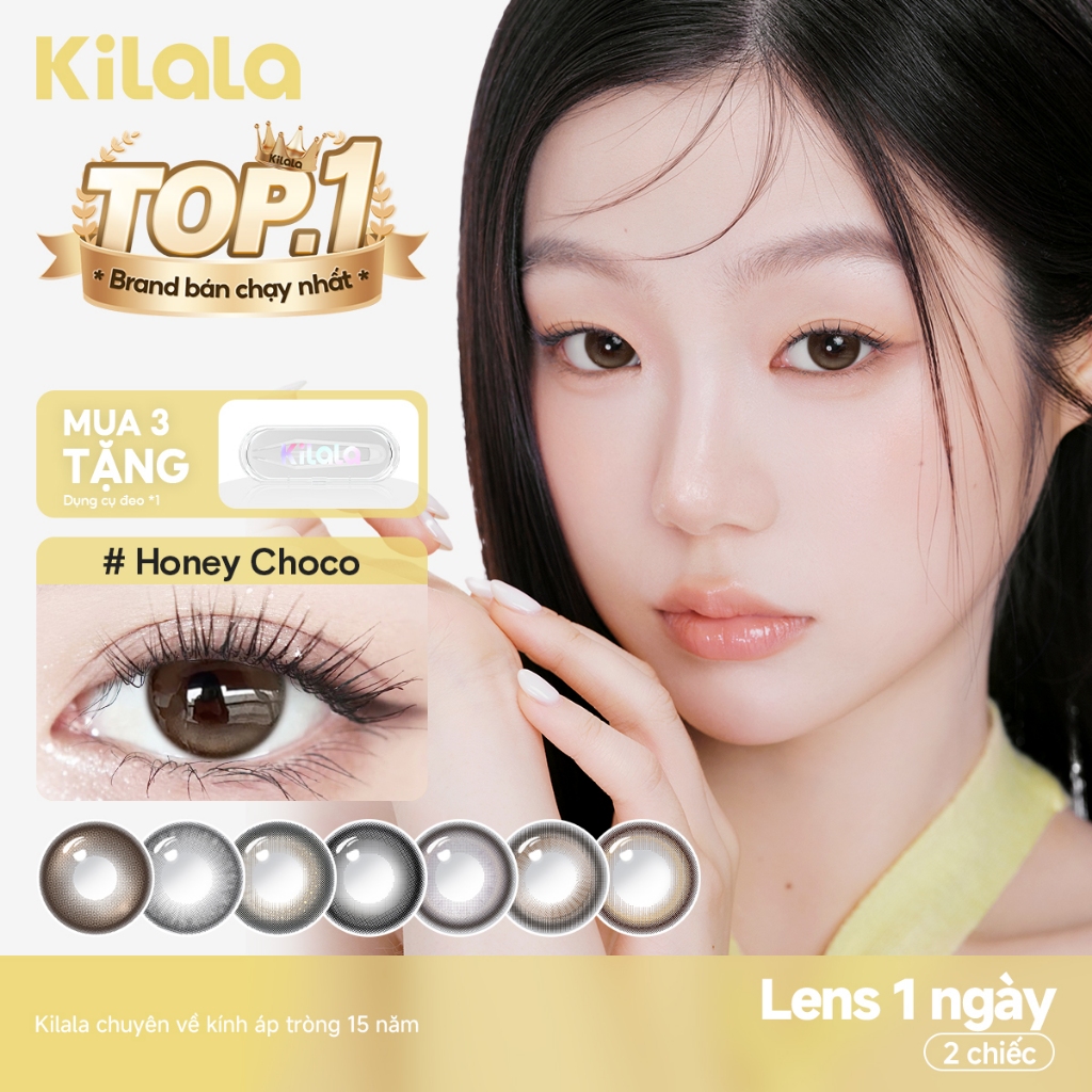 Kính áp tròng Kilala lens 1 ngày màu xám DIA 14.0mm 14.2mm 14.5mm và màu xám Ice Oolong Brown,Ice Peach Grey,Honey Choco,Felinae Grey, Cold water Black lens cận 1 ngày có độ (0-7) 2 chiếc