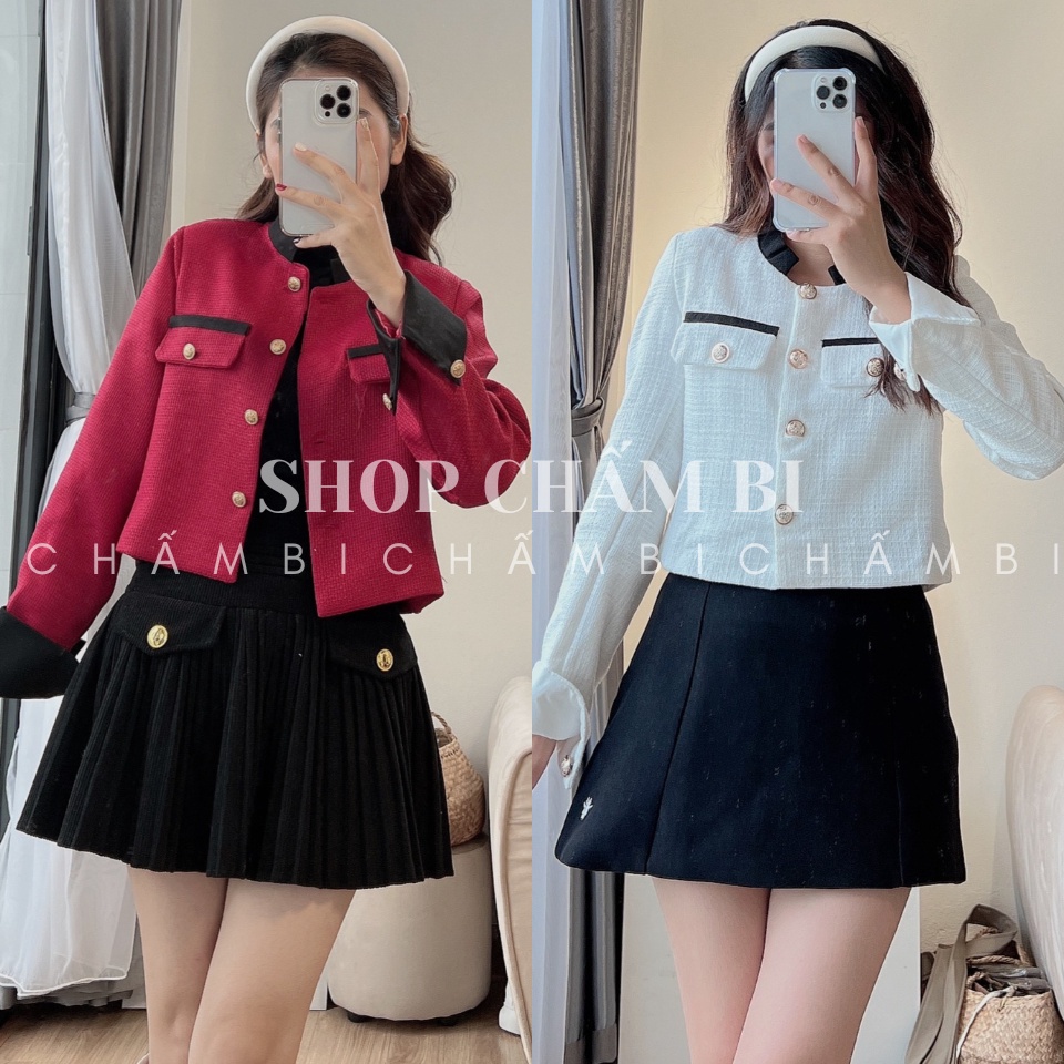 Áo khoác dạ tweed nữ AP.366, Áo khoác dáng ngắn dài tay cổ viền đen túi hộp ngực sang chảnh - Thời trang nữ Chấm Bi
