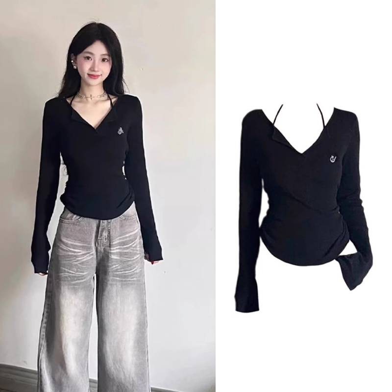 Áo thun dài tay, Áo thun bó sát nữ, Áo thun cổ chữ V màu trơn cơ bản