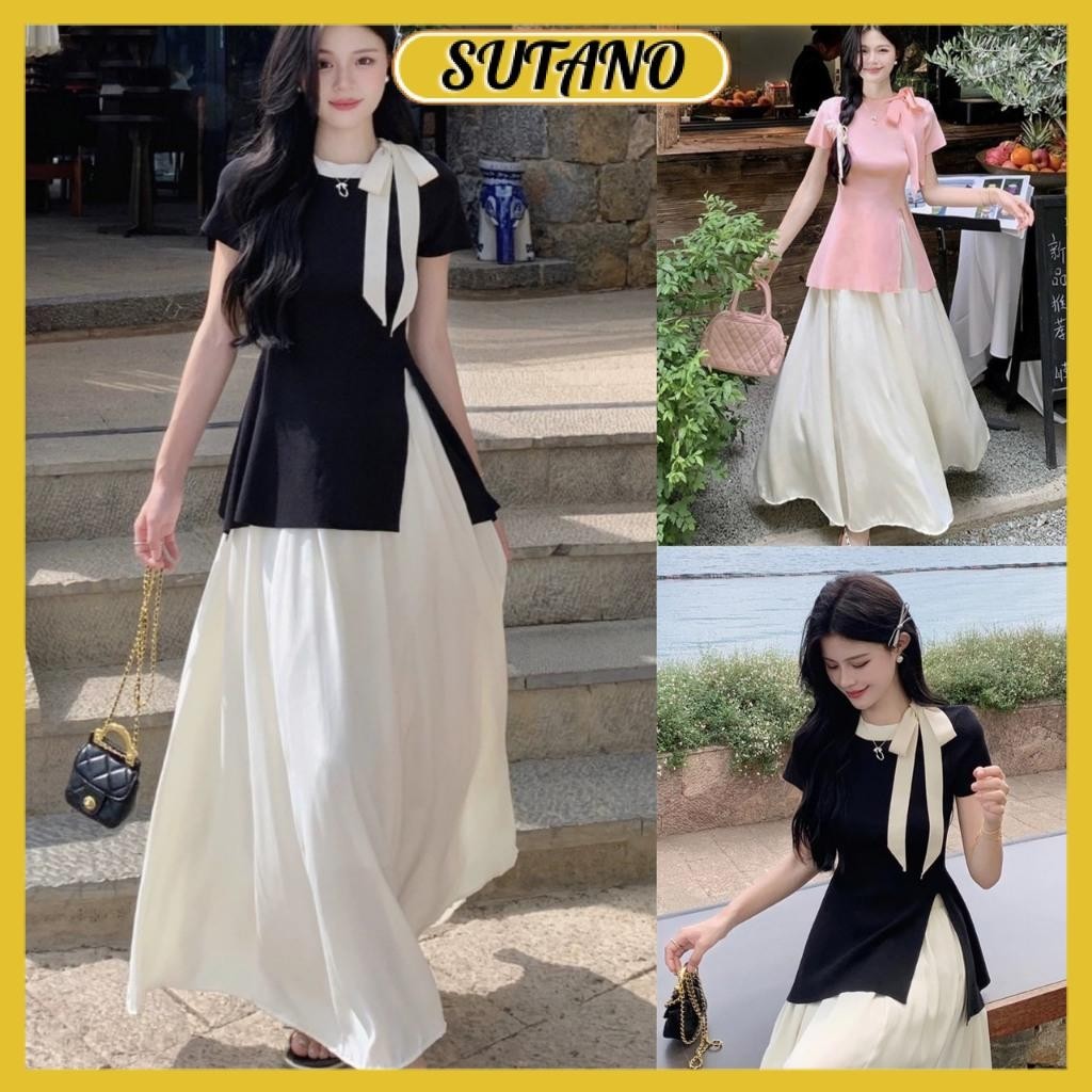 Set áo tăm nữ tiểu thư xẻ tà nơ lệch mix chân váy voan tơ dáng dài phong cách hàn quốc B184 SUTANO
