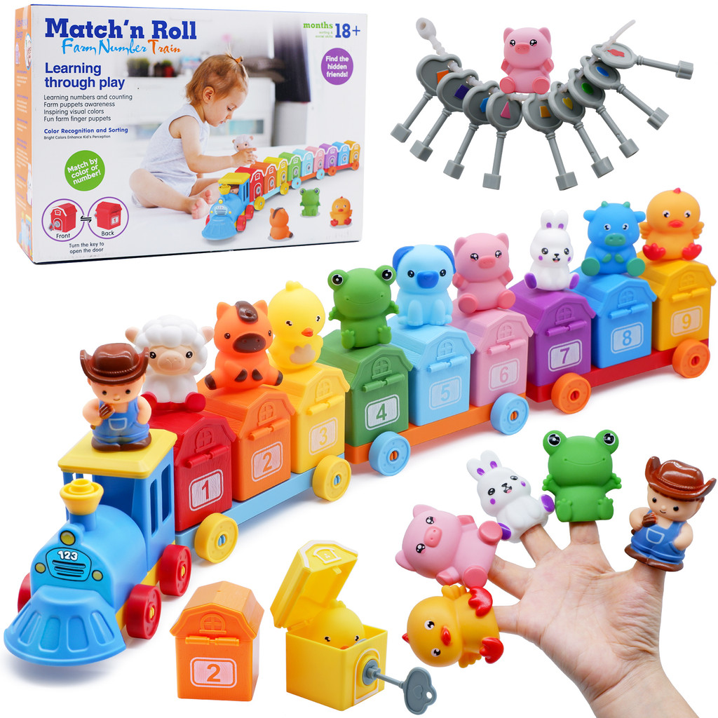 Bộ tàu hỏa trang trại Montessori dành cho trẻ mới biết đi Đếm học, phù hợp và phân loại kỹ năng vận động tinh, Đồ chơi mầm non Quà tặng sinh nhật