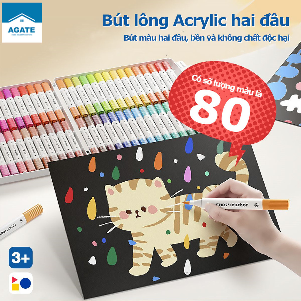 Bút Màu Acrylic Marker 2 Đầu 12/24/36/48/60/80, Bút Đánh Dấu Acrylic 2 Đầu Cỡ Lớn Nhanh Khô Chống Thấm Nước DIY - Màu Vẽ
