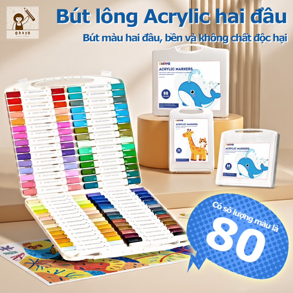 bút đánh dấu acrylic hai đầu, bút màu acrylic, marker, Mực xả đều và mịn, không bị chảy máu,80 bộ màu