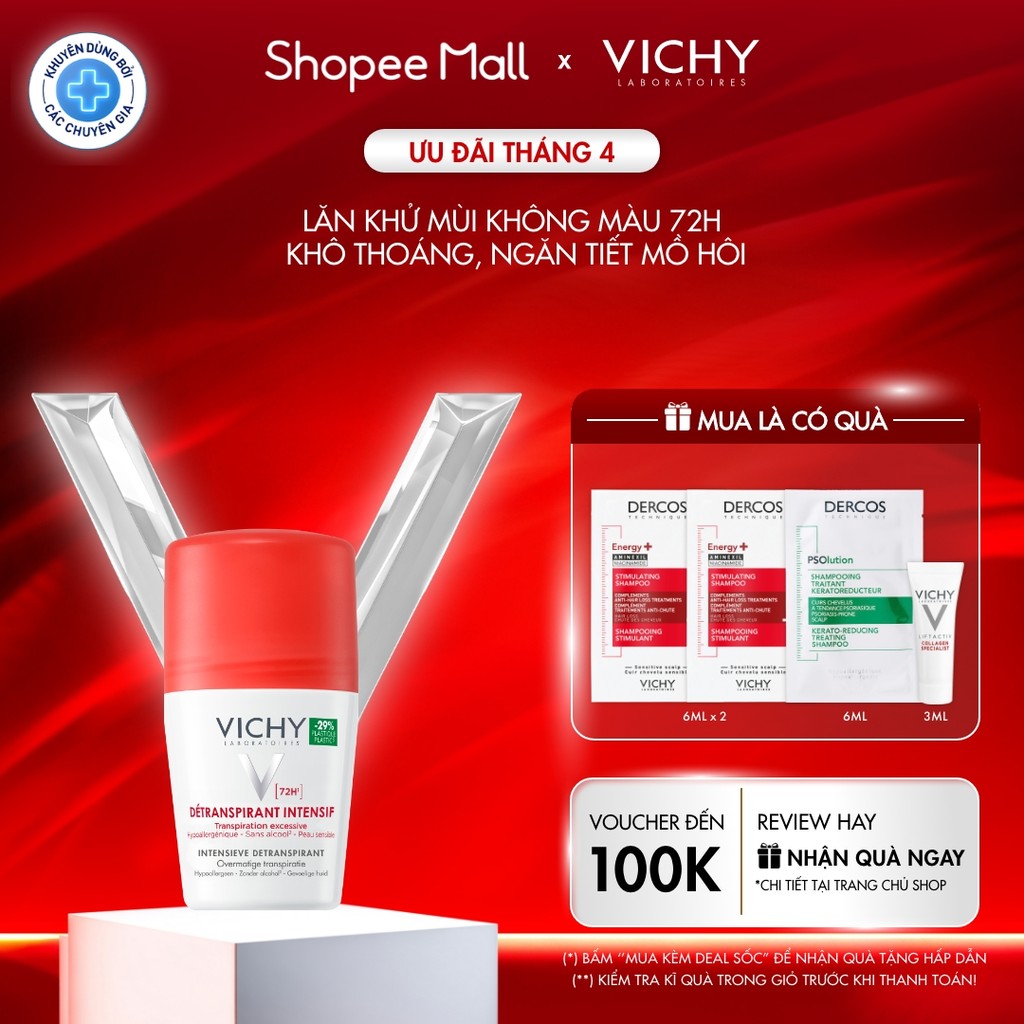 Lăn khử mùi Vichy khô thoáng, ngăn ngừa và giảm tiết mồ hôi 72H, không gây kích ứng, sạm da 50ml