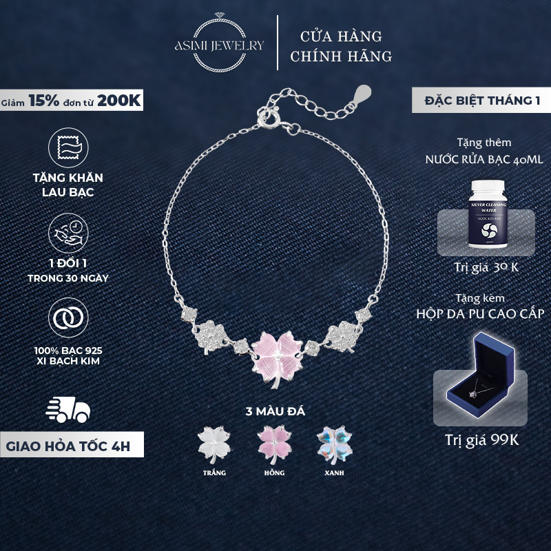 Lắc tay bạc nữ Cỏ 4 Lá Hồng Asimi, lắc tay bạc Ý S925 nhẹ nhàng may mắn Love Letter Bloom LT52