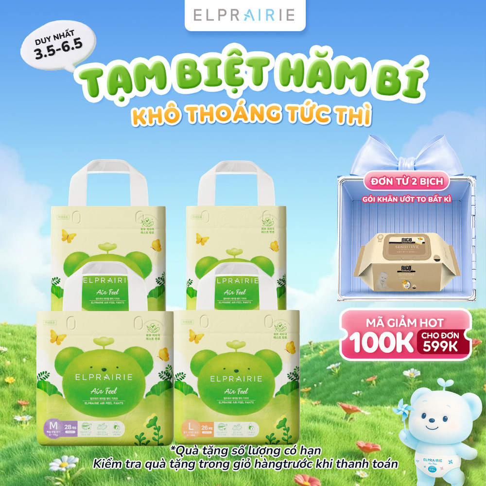 Combo 2 Tã/Bỉm Quần Cao Cấp ELPRAIRIE Air Feel Siêu Mịn, Không Gây Kích Ứng, Đai Chun Co Giãn 360 độ - Đủ Size M-XXL