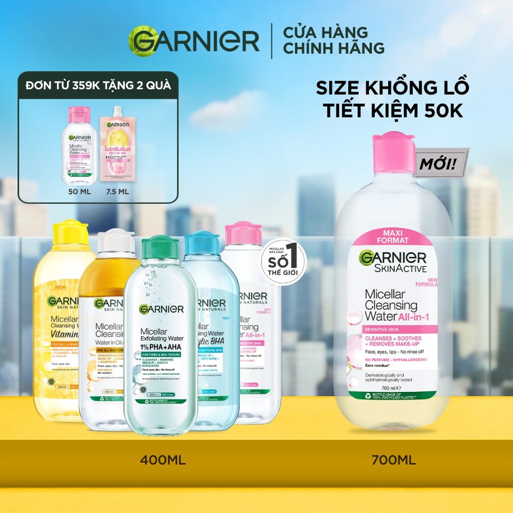 [CÓ SIZE MỚI] Nước Tẩy Trang làm sạch sâu dịu nhẹ cho mọi loại da - Garnier Micellar Cleansing Water 400ml & 700ml