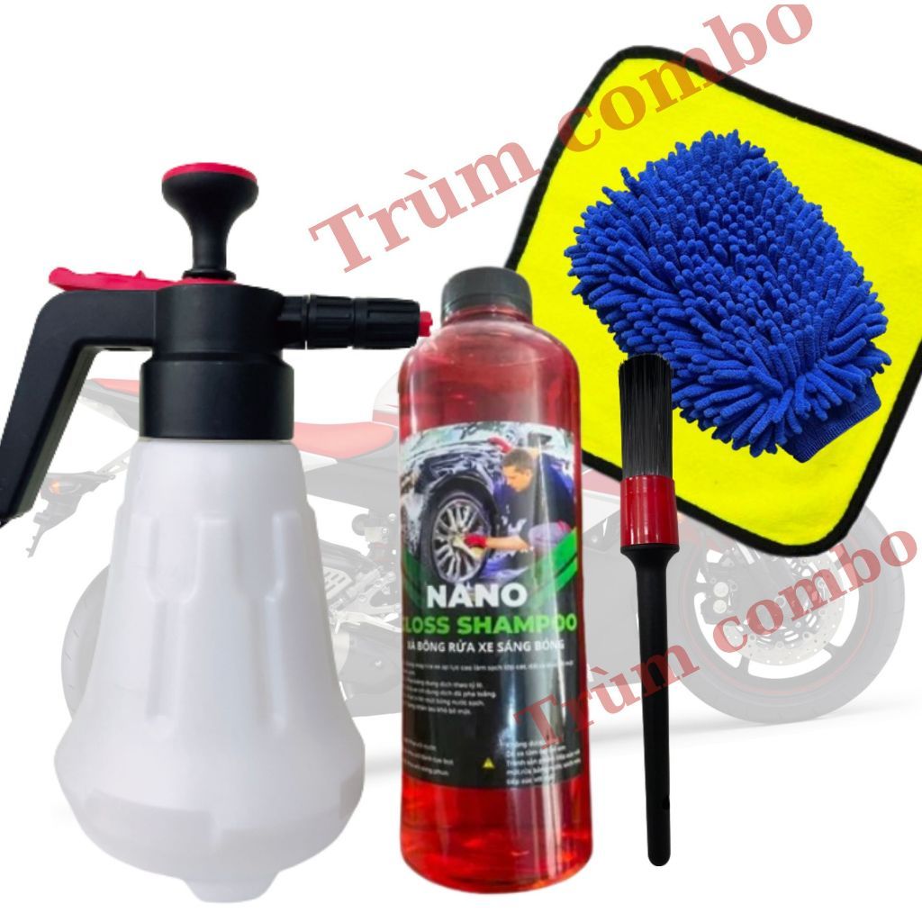 Combo Rửa Xe NANO + Bình Xịt Bọt Tuyết Lớn 2L, tặng kèm 3 vòi xịt, Kèm Bộ Cọ Khăn Bao Tay Rửa Xe Tại Nhà