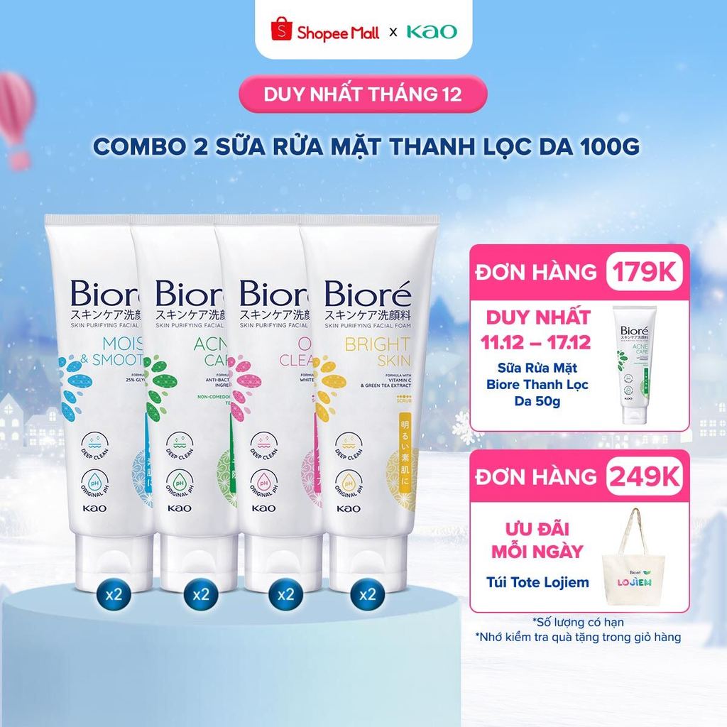 (Chọn dòng sản phẩm) Combo 2 Sữa Rửa Mặt Thanh Lọc Da Biore 100g (Sáng Da/Ngừa Mụn/Sạch Nhờn/Dưỡng Ẩm và Mịn Da)