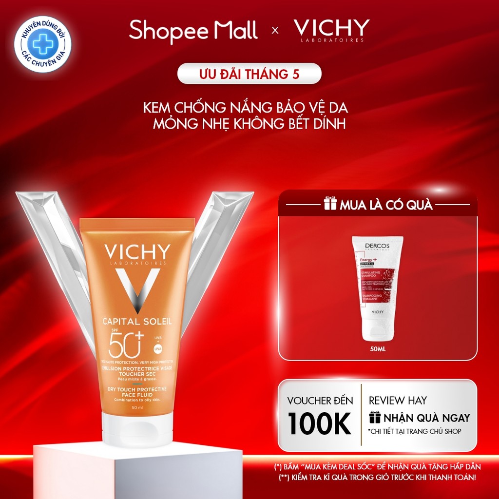 Kem chống nắng bảo vệ da mỏng nhẹ không bết dính SPF 50+ UVA & UVB Vichy Capital Soleil Dry Touch